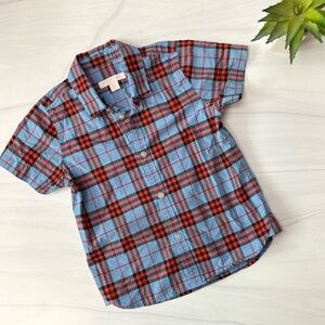 Authentic Burberry Boys Blue Red Check Short Sleeve Button Check Plaid Shirt 4Y